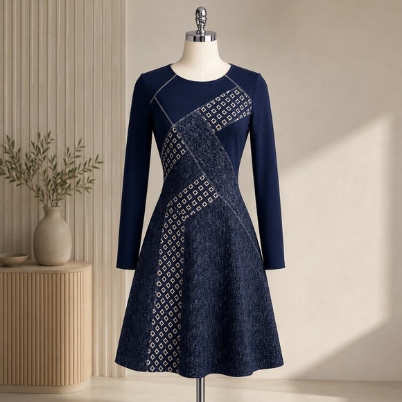 BCBGMaxAzria Dresses & Skirts - BCBGMAXAZRIA Mini Dress XS Navy Blue Mixed Media Patchwork Long Sleeve